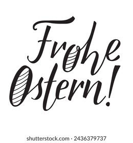 Letras "Frohe Ostern", que significa Feliz Pascua en alemán, caligrafía moderna de tinta de pincel. Las letras O están decoradas con líneas, como los huevos de Pascua. Texto aislado negro sobre fondo blanco.