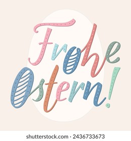 "Frohe Ostern" lettering, which means Happy Easter in German, modern brush ink calligraphy. Letters are decorated with lines and dots like Easter eggs. Colored isolated text.