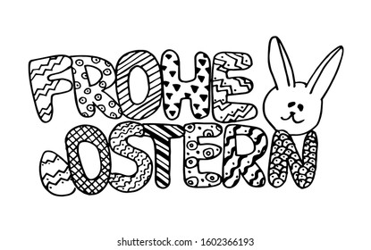 Frohe Ostern means Happy Easter on german language. Greeting easter card template. Hand drawn cartoon doodle, coloring page. 