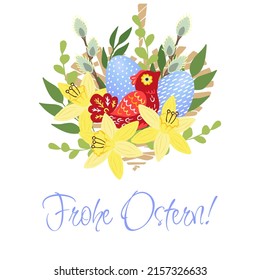 Frohe Ostern postcard. Trendy Easter design with typography, hand drawn strokes and dots, eggs in red, golden colors. Easter composition a heart made of twigs with flowers, branches, willow and eggs.