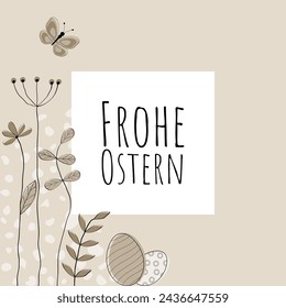 Frohe Ostern - text in German language -Happy Easter. Square greeting card with Easter eggs, flowers and butterfly on a sand colored frame.