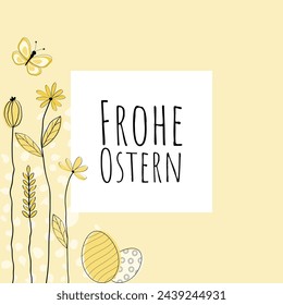 Frohe Ostern - texto en alemán - Feliz Pascua. Tarjeta de felicitación cuadrada en tonos amarillo claro con huevos de Pascua, flores y mariposa en un marco.