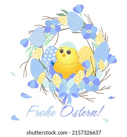 Frohe Ostern wreath with yellow Chicken, Easter eggs, flowers, leaves and branches on white background. Decorative frame with violet elements. Unique design for your greeting cards, banners, flyers.