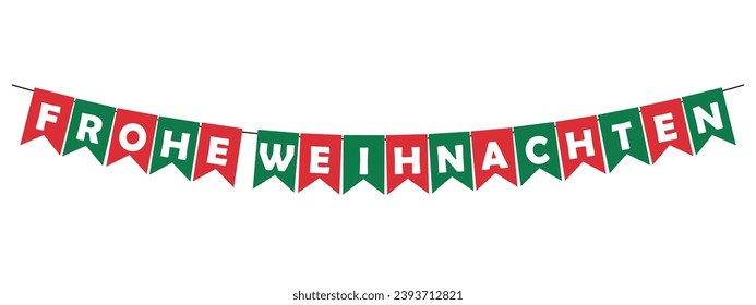 frohe weihnachten bunting garland, red and green pennants, merry christmas in german lettering banner, vector decorative element