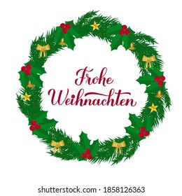 Frohe Weihnachten calligraphy hand lettering with wreath of fir tree branches. Merry Christmas typography poster in German. Easy to edit vector template for greeting card, banner, flyer, sticker, etc.