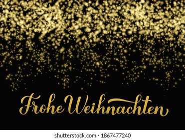 Frohe Weihnachten calligraphy hand lettering on shiny gold sparkles background. Merry Christmas typography poster in German. Vector template for greeting card, banner, flyer, label, etc.