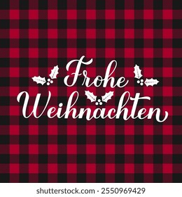 Frohe Weihnachten Kalligrafie Handschrift auf rotem Büffel karierten Hintergrund. Frohe Weihnachten Typografie Poster in deutscher Sprache. Vektorvorlage für Grußkarte, Banner, Flyer usw.