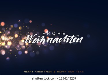 Frohe Weihnachten. Christmas background with blue lights bokeh. Xmas greeting card. Magic holiday poster, banner. Night bright golden sparkles