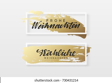 Frohe Weihnachten. Christmas background, design a smear of gold brush in frame. Xmas greeting card.