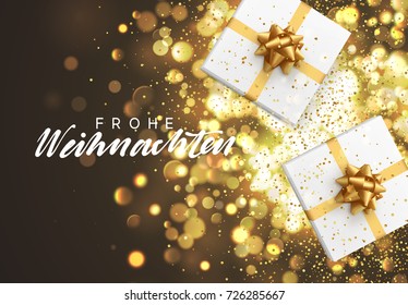 Frohe Weihnachten. Christmas background with gift box and golden lights bokeh. Xmas greeting card.