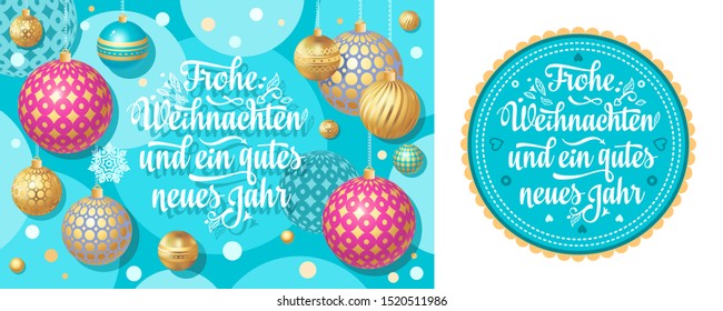 Frohe Weihnachten Christmas. Xmas. Weihnachten. Noel. Blue Christmas in different languages. German Christmas Deutsche holiday Weihnachtsfest - neue Jahr, Neujahrstag. Blue and 3d gold realistic ball