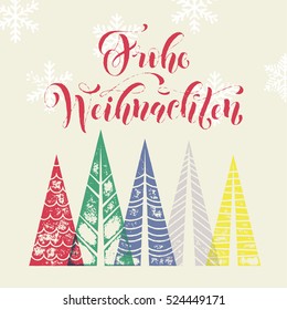 Frohe Weihnachten colorida tarjeta de felicitación española de feriado de invierno alemán. Feliz Navidad en Alemania texto con letras caligráficas vectoriales de árbol de Navidad. Feliz Navidad, moderna tarjeta de saludo.