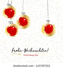 Frohe Weihnachten Frohes Neues Jahr - Merry Christmas happy new year Germany phrase. Christmas ball greeting doodle card. Holiday background. Seasonal winter party invitation.