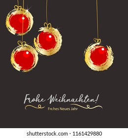 Frohe Weihnachten Frohes Neues Jahr - Merry Christmas happy new year Germany phrase. Christmas ball greeting doodle card. Holiday background. Seasonal winter party invitation.