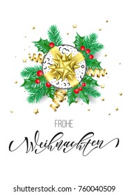 Frohe Weihnachten German Merry Christmas holiday hand drawn quote calligraphy greeting card background template. Vector Christmas tree holly wreath decoration, golden ribbon confetti on white design