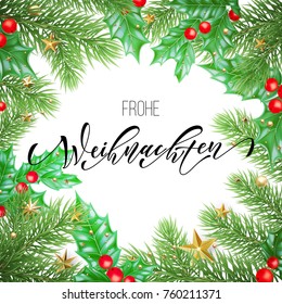 Frohe Weihnachten German Merry Christmas holiday hand drawn calligraphy text for greeting card of wreath decoration and Christmas stars garland frame. Vector winter season background design template