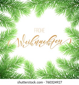 Frohe Weihnachten German Merry Christmas holiday golden hand drawn calligraphy text for greeting card of wreath decoration and Christmas garland frame. Vector winter season goldent font and background