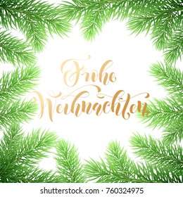 Frohe Weihnachten German Merry Christmas holiday golden hand drawn calligraphy text for greeting card of wreath decoration and Christmas garland frame. Vector winter season goldent font and background