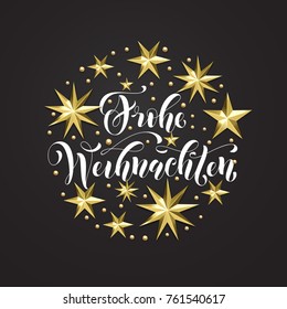 Frohe Weihnachten German Merry Christmas golden decoration, calligraphy font for Xmas invitation greeting card white background. Vector Christmas or New Year holiday gold star snowflake decoration