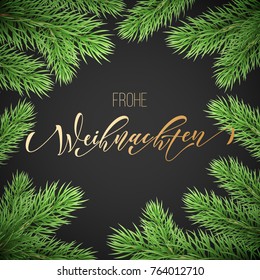 Frohe Weihnachten German Merry Christmas holiday golden hand drawn calligraphy text for greeting card of wreath decoration and Christmas garland frame. Vector winter season background design template