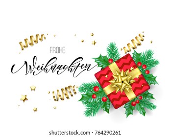 Frohe Weihnachten German Merry Christmas, plantilla de fondo de tarjeta de felicitación caligráfica dibujada a mano. Decoración vectorial de flor de árbol de Navidad, cinta dorada de confeti de diseño blanco