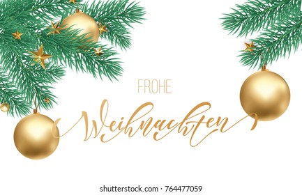 Frohe Weihnachten German Merry Christmas holiday golden hand drawn calligraphy text for greeting card of Christmas branch and decoration ornament. Vector winter season goldent font on white background