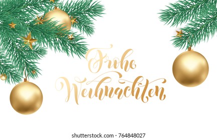 Frohe Weihnachten Alemán Feliz Navidad dorada caligrafía dibujada a mano para la tarjeta de saludo de decoración de adorno de estrella dorada. Vector Navidad invierno temporada de oro fuente dorada y fondo blanco de nieve