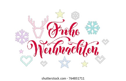 Frohe Weihnachten German Merry Christmas knitted calligraphy font decoration for holiday greeting card design. Vector Christmas deer, snowflake decoration embroidery pattern New Year white background