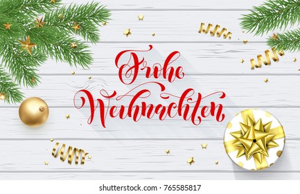 Frohe Weihnachten Alemán Merry Christmas dorado decoración y caligrafía fuente sobre fondo de madera blanca para tarjeta de saludo. Vector Navidad o estrella brillante de oro de Año Nuevo, árbol de Navidad para vacaciones de invierno