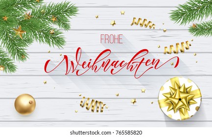 Frohe Weihnachten Alemán Merry Christmas dorado decoración y caligrafía fuente sobre fondo de madera blanca para tarjeta de saludo. Vector Navidad o estrella brillante de oro de Año Nuevo en árbol de Navidad para vacaciones