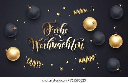 Frohe Weihnachten German Merry Christmas golden decoration, hand drawn calligraphy golden font on black festive background. Vector Christmas or New Year holiday star shiny confetti decoration