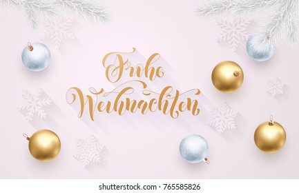 Frohe Weihnachten German Merry Christmas golden decoration, hand drawn calligraphy golden font on white festive background. Vector Christmas or New Year holiday star shiny confetti decoration