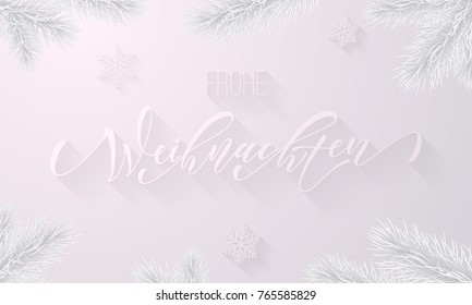 Frohe Weihnachten German Merry Christmas holiday snowflake decoration on white snow frost background. Vector frozen ice calligraphy font and icy fir branch for Christmas or New Year greeting card