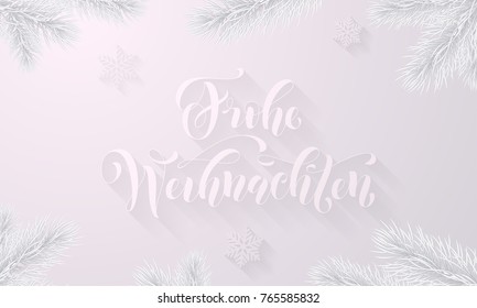 Frohe Weihnachten German Merry Christmas frost icy font and white snow background with frozen ice snowflakes on winter holiday greeting card. Vector Christmas or New Year snow frost tree branch design