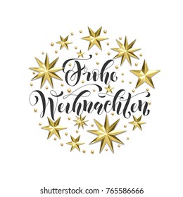 Frohe Weihnachten Alemán Feliz Navidad dorada decoración, caligrafía fuente para la carta de bienvenida de invitación navideña fondo blanco. Decoración de copos de nieve estrella de oro vectorial de Navidad o Año Nuevo