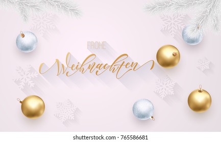 Frohe Weihnachten German Merry Christmas golden decoration, hand drawn gold calligraphy font for greeting card white background. Vector Christmas, New Year gold star shiny confetti holiday decoration