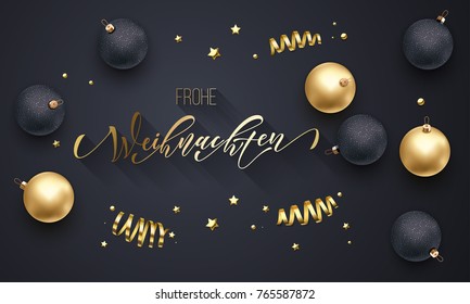 Frohe Weihnachten German Merry Christmas golden decoration, hand drawn gold calligraphy font for greeting card black background. Vector Christmas, New Year gold star shiny confetti holiday decoration