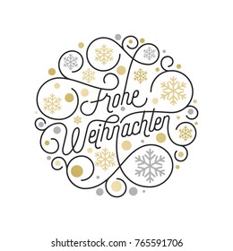 Frohe Weihnachten German Merry Christmas calligraphy lettering and golden snowflake pattern on white background for greeting card design. Vector golden Christmas flourish swash holiday text decoration