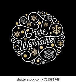 Frohe Weihnachten Deutsch Frohe Weihnachten Kalligrafie Schrift und goldenes Schneeflocken Muster auf weißem Hintergrund für Grußkartendesign. Vectorgoldener Weihnachtsschwanz Holiday-Textdekoration