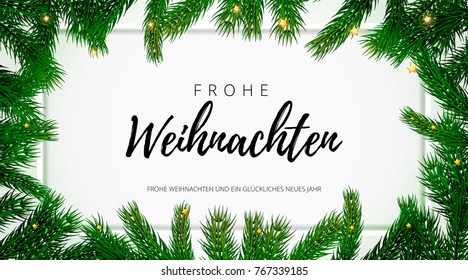 Frohe Weihnachten German Merry Christmas holiday greeting card with text on Christmas fir tree background. Vector stock fir branch frame of New Year festive winter decoration on premium frame white