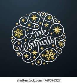 Frohe Weihnachten German Merry Christmas calligraphy lettering and golden snowflake star pattern decoration on white background for greeting card. Vector golden sparkling Christmas holiday text.