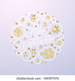 Frohe Weihnachten Alemán Merry Christmas caligraphy y decoración de estrellas doradas de copos de nieve sobre fondo blanco para tarjeta de saludo. Vector dorado brillante texto navideño navideño.