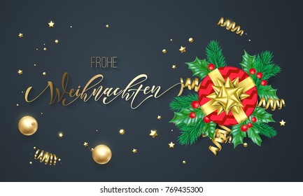 Frohe Weihnachten German Merry Christmas holiday golden calligraphy on gold decoration greeting card template. Vector Christmas tree holly wreath decoration confetti on black premium background design