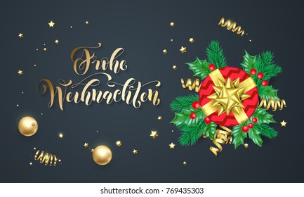 Frohe Weihnachten Alemania Caligrafía dorada de Feliz Navidad y diseño de tarjetas de felicitación de decoración dorada. Decoración vectorial de la corona de árbol de Navidad, confeti de vacaciones de Año Nuevo con fondo negro premium