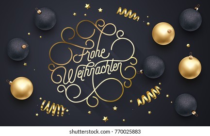 Frohe Weihnachten German Merry Christmas flourish golden calligraphy lettering of swash gold typography greeting card design. Vector golden decoration and Christmas text on holiday black background