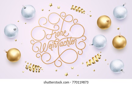 Frohe Weihnachten German Merry Christmas flourish golden calligraphy lettering of swash gold typography greeting card design. Vector golden decoration and Christmas text on holiday white background