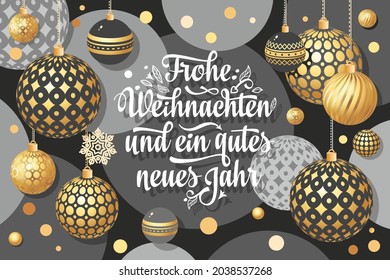 Frohe Weihnachten German text 3d gold balls and bauble golden glitter gift box Christmas Weihnachten Noel Christmas Golden Christmas Trend Modern background Germany Germania Deutschland German words