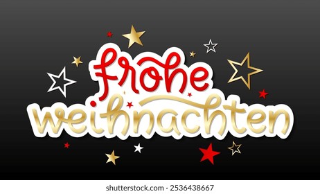 FROHE WEIHNACHTEN (FROHE WEIHNACHTEN) rote, weiße und goldene Schriftkarte mit Sternen auf schwarzem Hintergrund