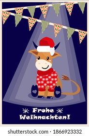 "Frohe Weihnachten" means "Merry Christmas" in the German language.A merry Christmas postcard with a bull in the middle. Vector illustration in a flat style.