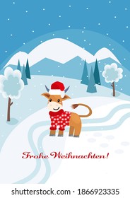 "Frohe Weihnachten" means "Merry Christmas" in the German language.A merry Christmas postcard with a bull in the middle. Vector illustration in a flat style.